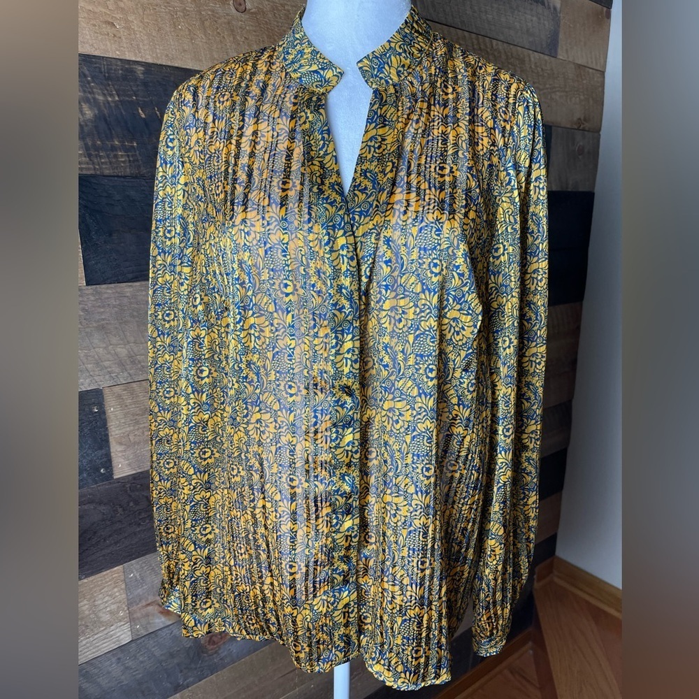 Melloday Orange Blue Metallic Floral Sheer Button Down Blouse Top, Size Large
